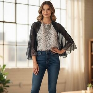 Elie Tahari Batwing Reptile Print Blouse Navy Sheer‎ Flowy Wimsigoth Size Medium